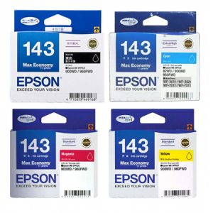 Singapore Original Epson 143 Black (C13T143190) and Cyan (C13T143290) and Magenta (C13T143390) and Yellow (C13T143490) Ink For Printer: Epson ME Office 82WD, 90WD, 960FWD, WorkForce WF-3011, WF-3521, WF-7011, WF-7511